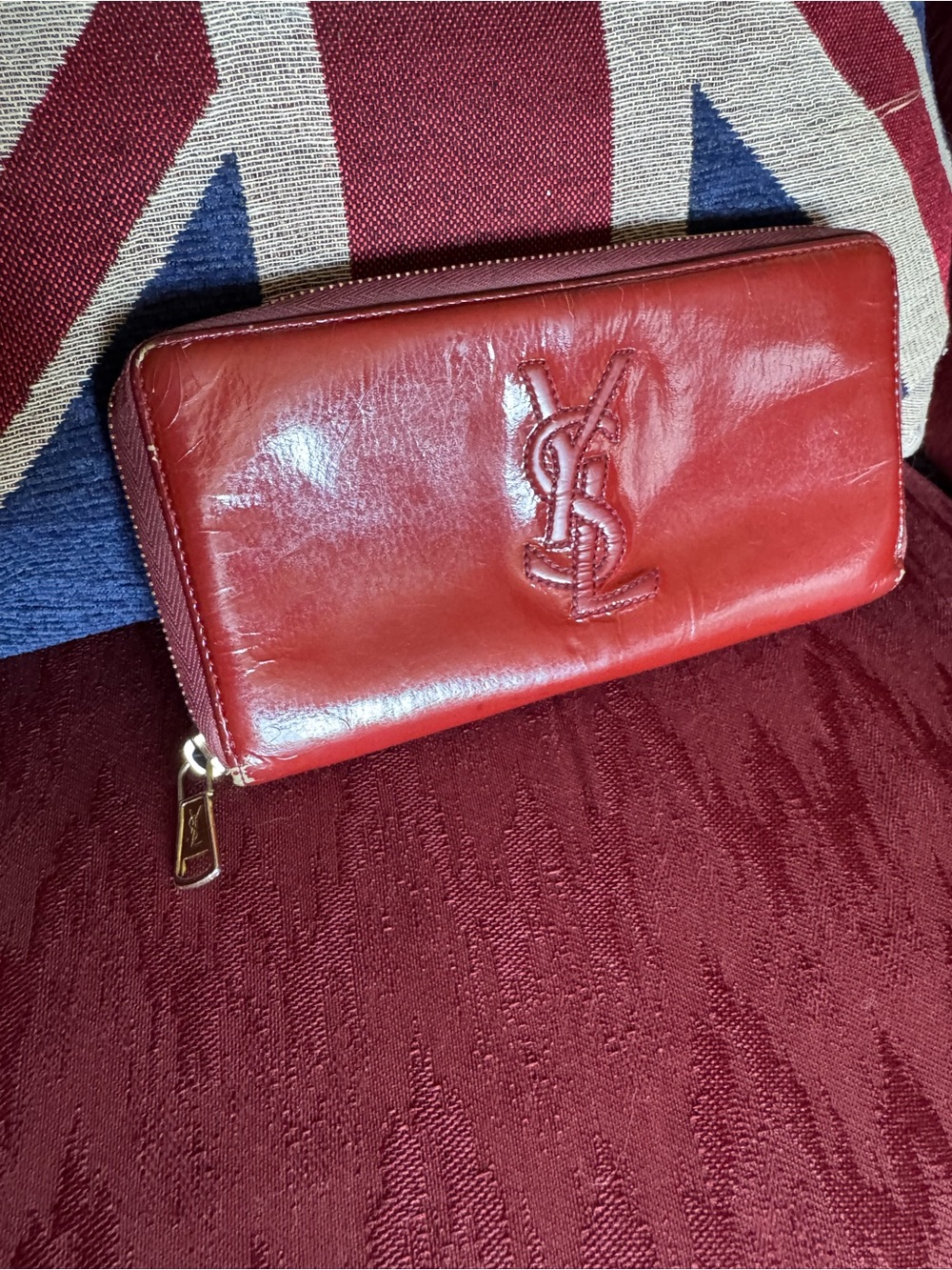 Yves Saint Laurent Red Leather Zip-Around Wallet with Embossed YSL
